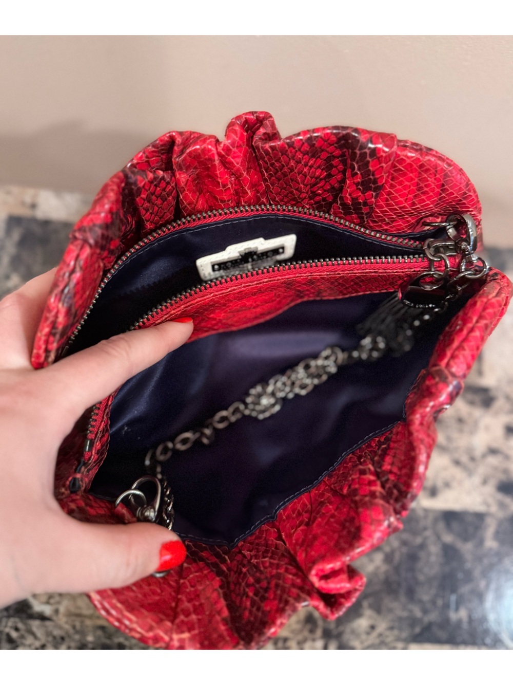 Henri Bendel Red Snakeskin Print Shoulder Bag/Clutch - Gunmetal Hardware - Picture 13 of 15